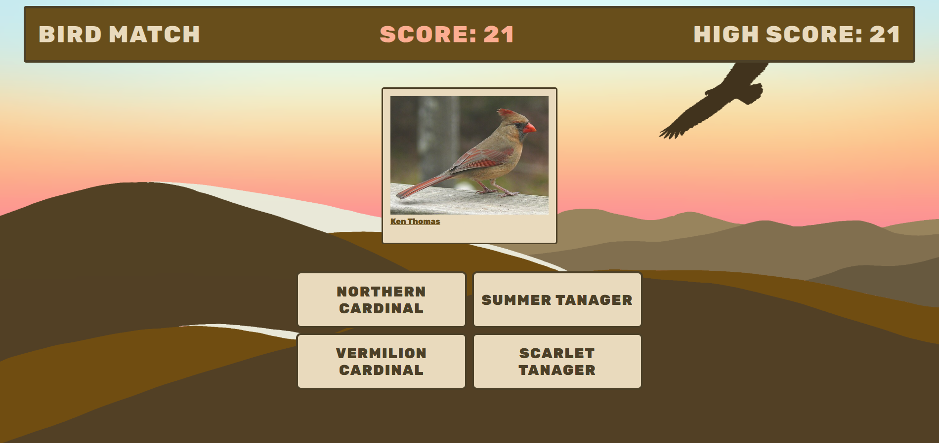 Screenshot of Bird Match, a bird identification quiz game by Peyton Bighorse