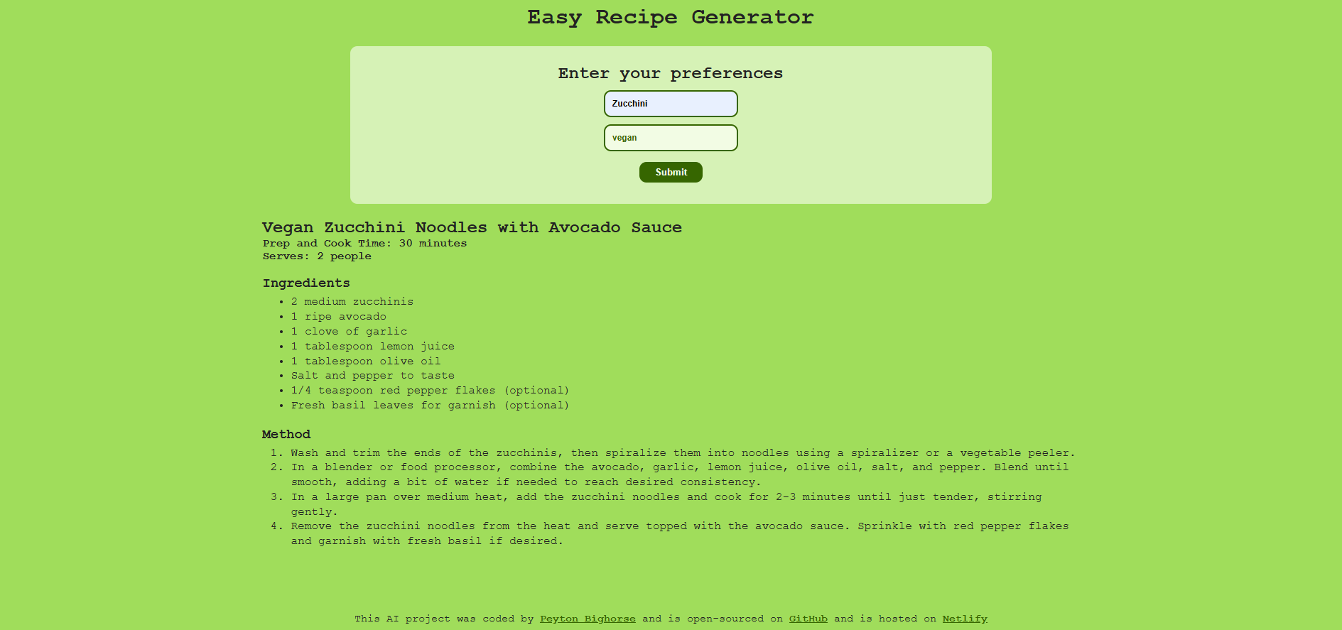 Screenshot of AI Recipe Generator app that creates custom recipes from ingredients